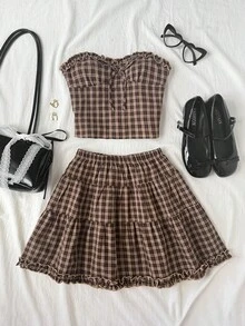 SHEIN Bộ 2 món áo camisole dệt jacquard vân nổi phối gấu bèo và chân váy skort dáng chữ A xếp tầng cho bé gái tuổi teen, trang phục thường ngày phong cách vintage đi chơi và du lịch mùa xuân hè - Màu Khaki - Xem 8