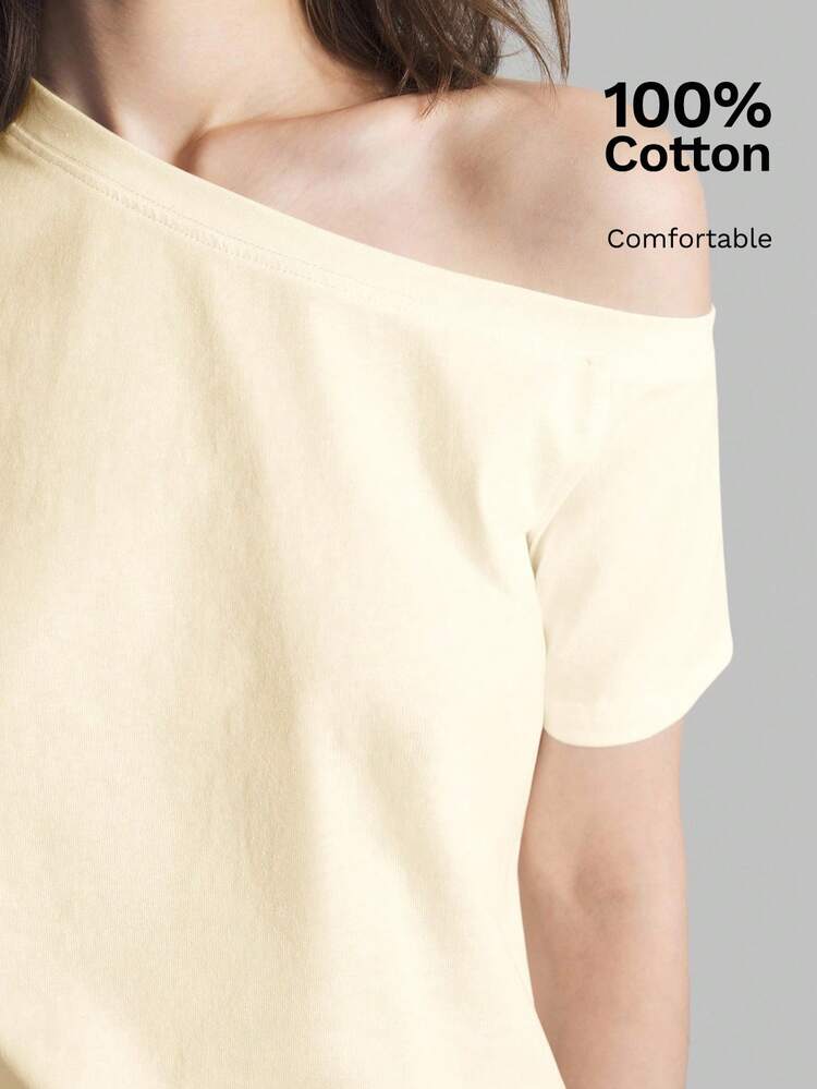 2026 SS New Women's Solid Color Asymmetric Neck Short Sleeve Top, Casual Daily Wear, Loose Fit Short Sleeve T-Shirt, Women's Tops For Summer, Business Casual, Holiday Beach, Birthday Party, Teacher Outfit, Back To School Shoulder-Baring Top