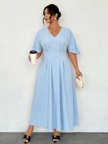 Firerie Plus-Size, Simple, Elegant Light Blue Midi Dress, Suitable For Everyday Wear, Commuting, Casual Outings, And Vacations. V-Neck, High-Waisted, Evening - Blue - View 4