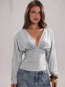 SHEIN BAE Women's Deep V-Neck Striped Ruched Fitted Versatile Casual Top - Grey - View 3