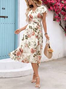 SHEIN Holidaya 女款花卉印花裹身式中長裙長裙女裝套裝 - 彩色 - 查看 4
