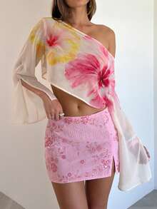 Opulessa Top corto de moda con estampado floral y hombro asimétrico para vacaciones de mujer - Rosa - Ver 6
