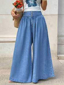 SHEIN EZwear Wide Waistband Wide Leg Denim Jeans - Blue - View 1