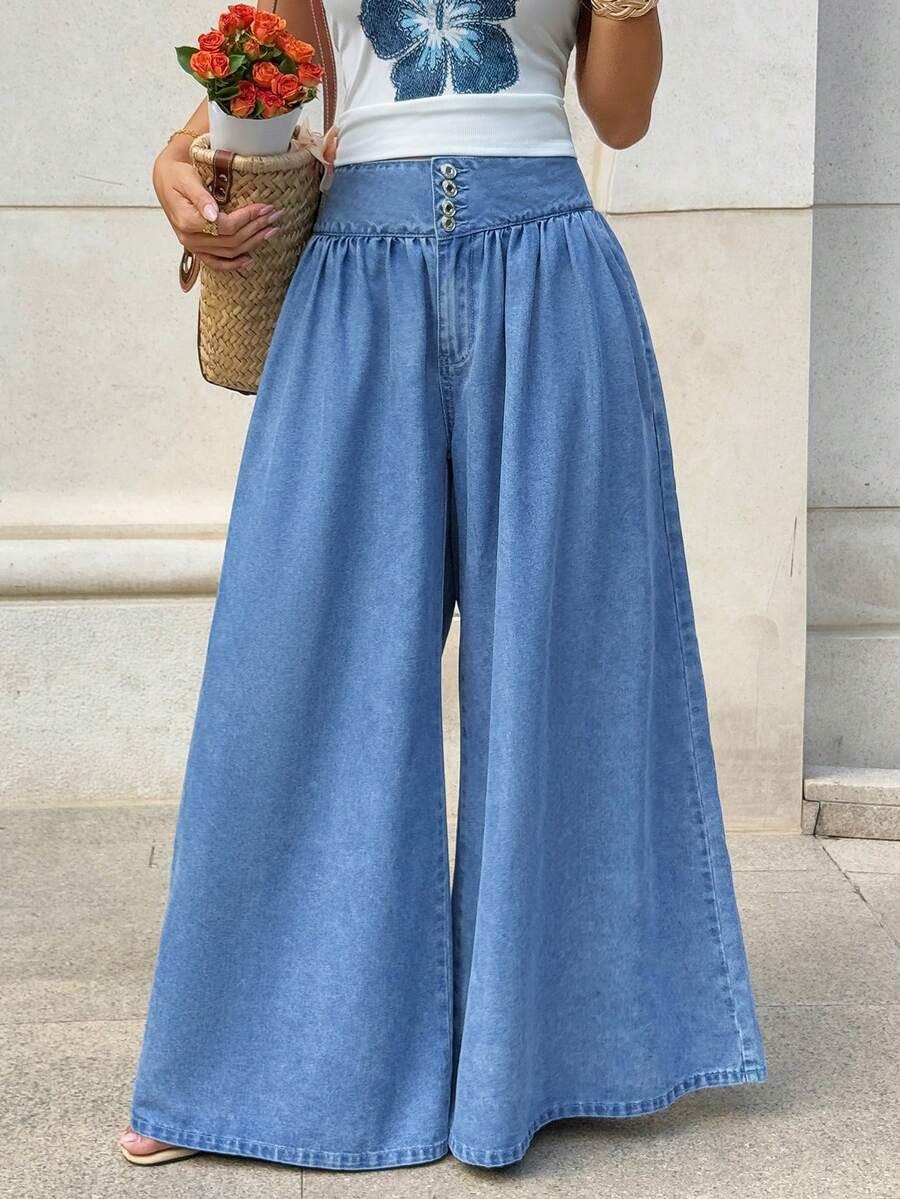 SHEIN EZwear Wide Waistband Wide Leg Denim Jeans - Blue - View 1