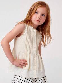 Maija Kids Maija Kids 1件女童优雅休闲度假精致舒适百搭杏色圆领荷叶边无袖上衣，适合日常穿着、返校、郊游、聚会、节日、春季、夏季 - 杏色 - 查看 7