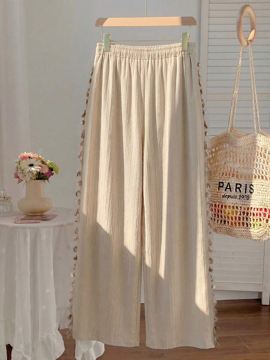 Comfortcana Quần ống rộng dáng suông, màu trơn, chất liệu vải nhăn, có dây rút, thích hợp cho kỳ nghỉ hè, cỡ lớn. - Màu be - Xem 1