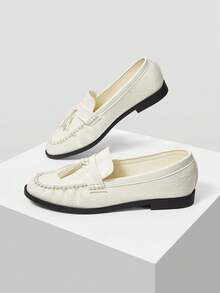 MOTF WOMEN'S NEW FRENCH RETRO TEXTURE FRINGED LACE-UP ROUND TOE FLATS, WHITE VERSATILE CASUAL AND COMFORTABLE HIGH-END WOMEN'S SHOES - White mirror - View 9