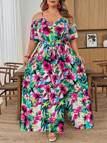 SHEIN CURVE+ Curve 尺码 US22 音乐节、海滨度假、波西米亚风女士夏季休闲度假风纯色露肩高开衩腰带连衣裙 - 彩色 - 查看 5