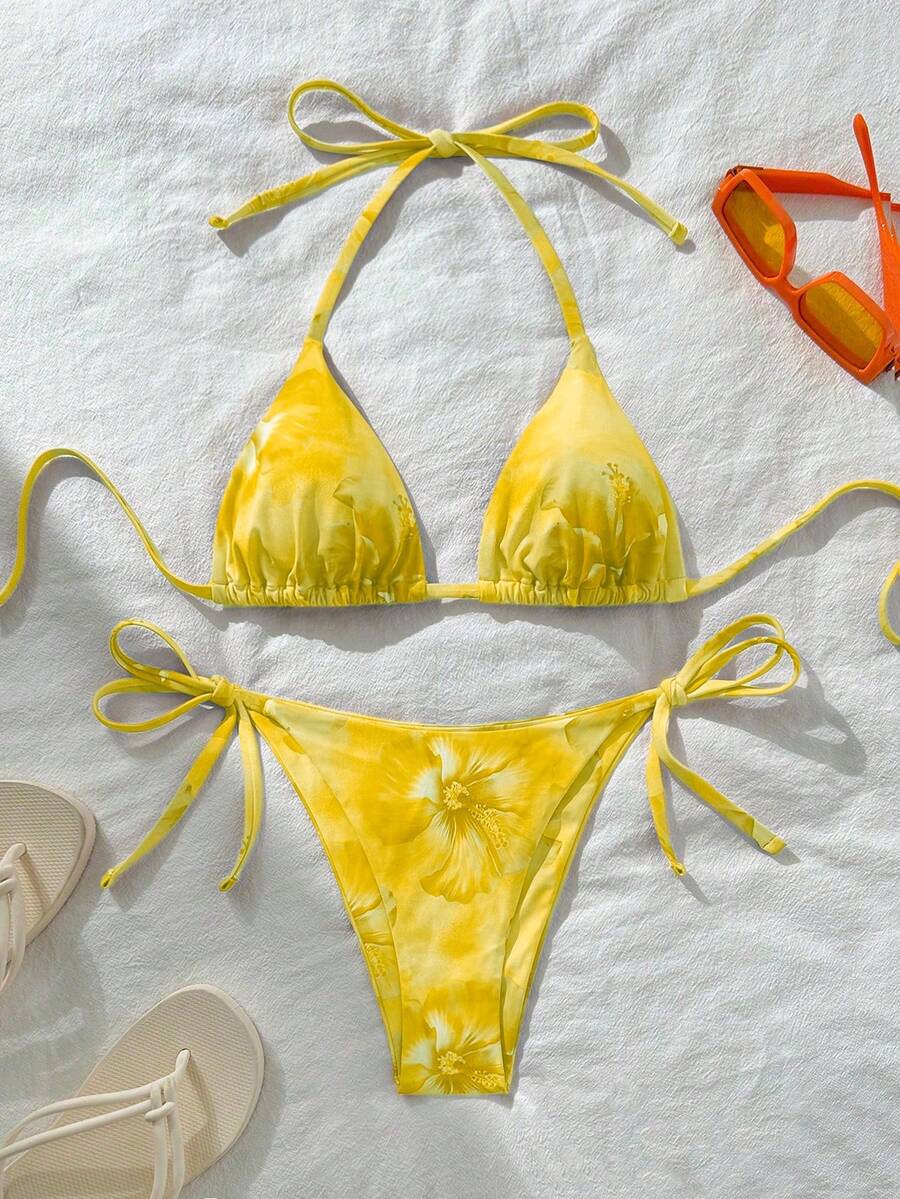 Swim Vcay 女款夏季性感隨機印花掛脖綁帶比基尼套裝 - 鵝黃色 - 查看 1
