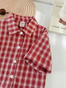 SHEIN LMoss Kids 少女編織格紋短版休閒襯衫 - 彩色 - 查看 5