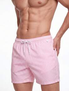 Manfinity KASUA Men Vertical Striped Drawstring Waist Swim Trunks - Pink - View 5