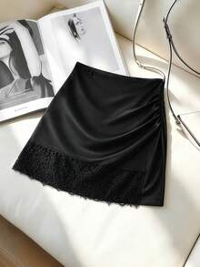 GlowEve CURVE Plus Size Women's Knitted Elastic Shiny Fabric Lace Patchwork Hem Elegant A-Line Skirt,Work Outfits For Women,Office Outfits For Women,Work Wear Women - Black - View 4