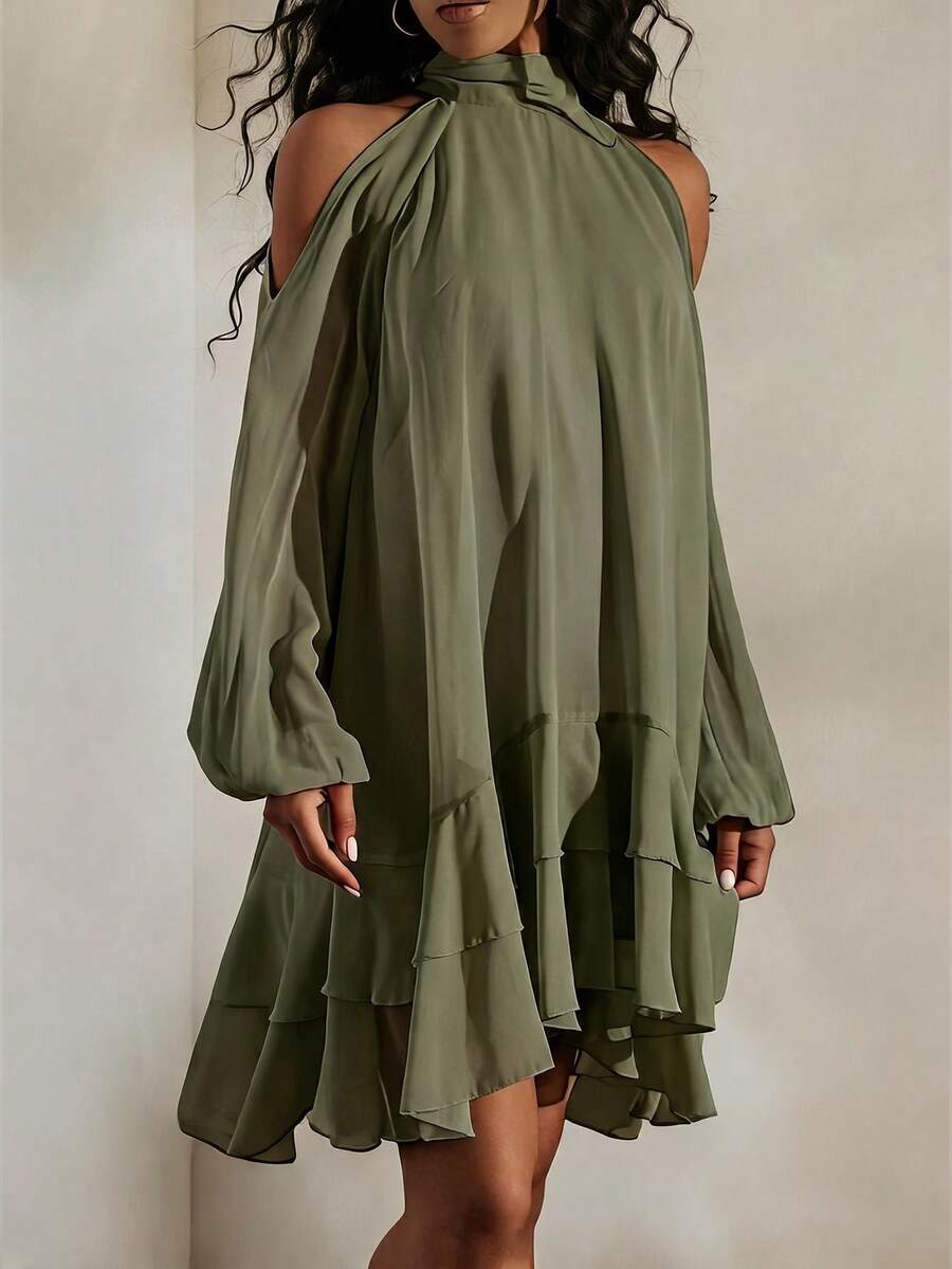 Opulessa Spring/Summer Vacation Solid Color Woven Style Women's Short Dress - Army Green - View 1