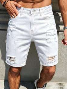 Manfinity Homme Men's Spring Summer Street Style Casual Distressed Ripped Straight Leg White Denim Shorts - White - View 5