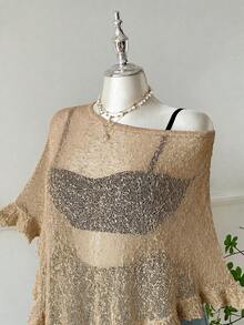 SHEIN EZwear Áo choàng Poncho móc len màu xanh ô liu, kiểu dáng rộng rãi thoải mái, cỡ lớn, có viền bèo nhún, thích hợp cho các buổi đi chơi và hẹn hò mùa hè, cỡ lớn. - Màu Khaki - Xem 6