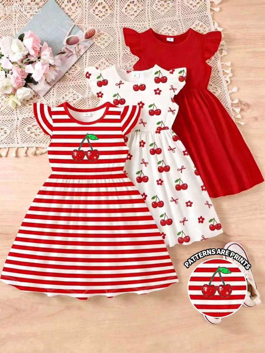 SHEIN Elladie kids 3件組甜美可愛櫻桃裝飾條紋洋裝,櫻桃與蝴蝶結印花搭配純色荷葉袖休閒洋裝,適合夏季 - 彩色 - 查看 1