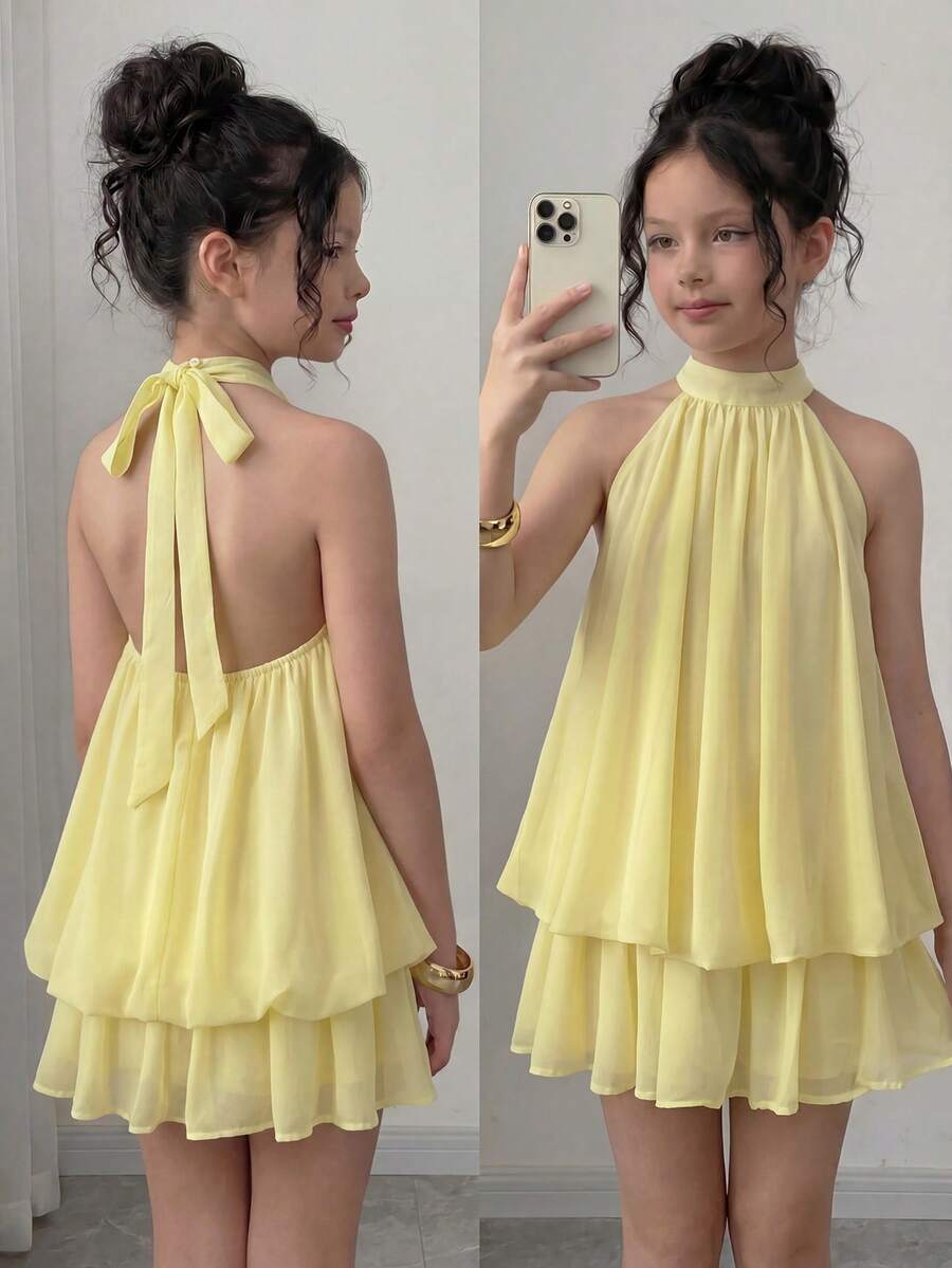 SHEIN 青少年女孩黃色掛脖公主裙,適用於正式場合、外出、度假、街頭穿搭,適合任何場合,姐妹款、親子款,可愛女孩套裝 - 黃色 - 查看 1