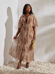 SHEIN SXY Plus-Size Brown Animal Print Button-Down Slit Long Semi-Sheer Short-Sleeved Shirt/Blouse - Multicolor - View 5