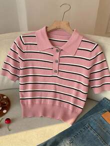 SHEIN EZwear Top de punto a rayas casual para mujer, estilo vintage americano, top de punto universitario americano - Multicolor - Ver 6