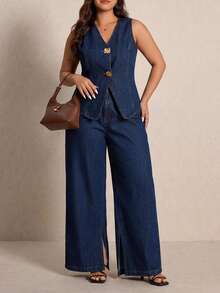 SHEIN Tall CURVE 大码牛仔背心和阔腿裤套装，休闲夏季优雅商务日常女装；大码女式单排扣上衣和阔腿牛仔裤休闲日常两件套，夏季 - 藍色 - 查看 7