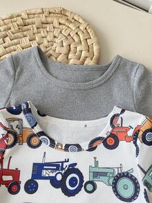 SHEIN Playful Pals Baby Boy Baby Girl Unisex Infant Toddler 0-3 Years 4pcs/4pcs Set Casual Cute Dinosaur Print Crew Neck T-Shirt Short Sleeve Summer Outfit, Comfortable And Easy To Wear, Suitable For 6 Months To 3 Years Old Baby Boys, Spring And Summer, Daily And Outdoor Wear - Grey - View 4