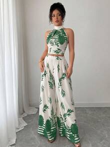 Rafferiza 女款優雅度假兩件組，掛脖設計，後綁帶，花卉印花寬腿褲套裝 - 綠色 - 查看 7