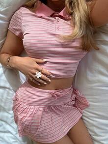 CovetEZ 女款條紋短袖 Polo 衫與蝴蝶結設計裙 2 件套裝 - 粉色 - 查看 9