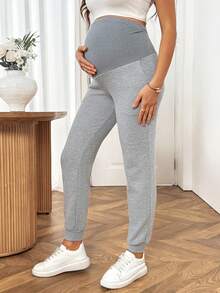 SHEIN بنطال رياضي طويل ضيق بتصميم بسيط مع جيوب للحوامل، مناسب للربيع والخريف - رمادي - مشاهدة 5