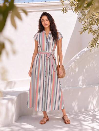 Dayvera Elegantes, lässiges gestreiftes Kleid für Damen, geeignet für den täglichen Büroalltag