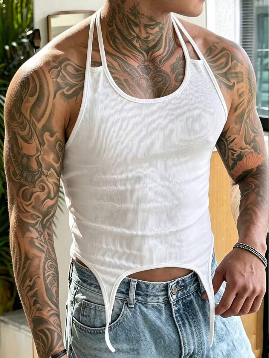 Manfinity Dauomo 男士性感不对称设计紧身吊带背心 - 白色 - 查看 1