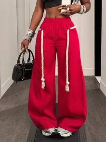 BamGleam Women's Red Elastic Waist Wide-Leg Casual Loose Pants, Ideal For Autumn Vacation Wear City Break - Red - View 9