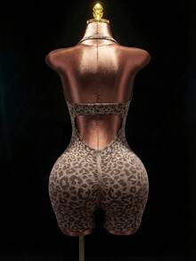 Mistrie Bộ jumpsuit liền thân không đường may họa tiết da báo phong cách casual dã ngoại cho nữ, màu nâu, bodysuit thể thao - Cà phê nâu - Xem 2