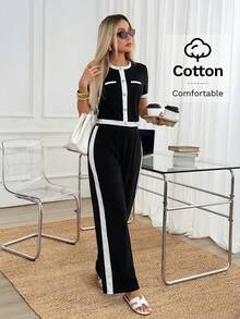 Easowa Women's Elegant Contrast Color Trim Top And Pants 2 Pieces Set, Summer Everyday Black And White Cotton Is Comfortable Formal - Black and White - View 4