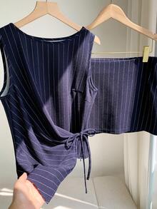 Comfortcana Women's Summer Commuter Elegant Navy Blue And White Tie-Up Asymmetric Hem Camisole And Mini Skirt 2 Pieces Set Office - Navy Blue - View 7