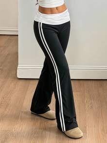 SHEIN Pantalones casuales de punto con bloques de color para adolescentes - Blanco y Negro - Ver 3