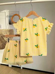 SHEIN Tween Girls Spring/Summer Vacation Tropical Beach Holiday Versatile Round Neck Ruffle Loose Top And Shorts Faux Denim Woven Solid Color Shirt Set - Yellow - View 2