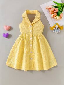 SHEIN Elladie kids 花园女孩夏季新款时尚Polo领露背吊带束腰甜美度假风连衣裙，少女正式连衣裙 - 黃色 - 查看 3