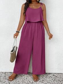 SHEIN Frenchy Đồ liền thân dây mảnh màu trơn họa tiết vân, phong cách thường ngày đi nghỉ mát, size lớn - Màu tím - Xem 4