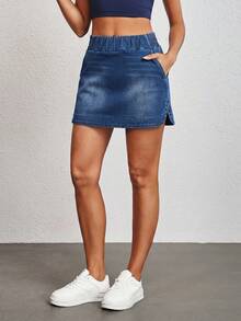 Flexra Women's Casual Washed Denim Mini Skirt, Summer Going Out Navy Blue - Blue - View 6