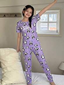 Tween Girl Cute Panda & "Sleep" Print Purple Short Sleeve & Pants Snug Fit Pajama Set - Multicolor - View 5