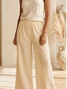 Pantalones de Pierna Ancha a Rayas de Lino Ligero - Estilo Casual de Verano con Cintura Elástica - Amarillo - Ver 1