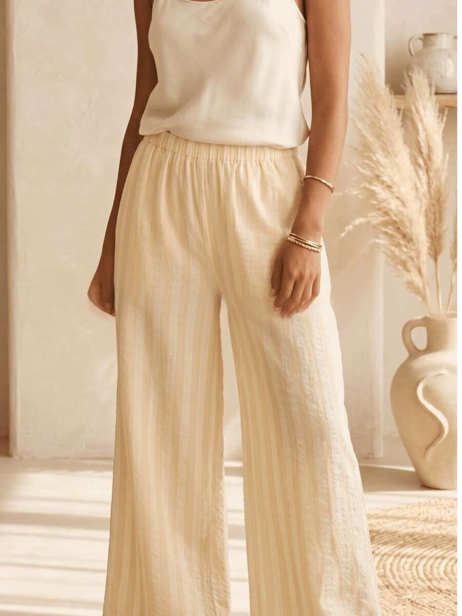 Pantalones de Pierna Ancha a Rayas de Lino Ligero - Estilo Casual de Verano con Cintura Elástica - Amarillo - Ver 1