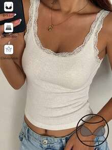 DAZY Camiseta sin mangas ajustada con parches de encaje acanalado y busto acolchado, blanco, top de capa para mujer en primavera/verano - Blanco - Ver 1