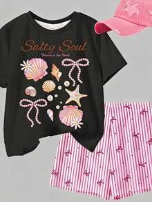 青少年女孩乳白色與亮粉色蝴蝶結條紋、海灘度假風「Salty Soul」甜美海星貝殼仿珍珠蝴蝶結圖案，青少年女孩休閒極簡圓領短袖T恤與短褲2件套，適合春/夏日常穿著 - 彩色 - 查看 4