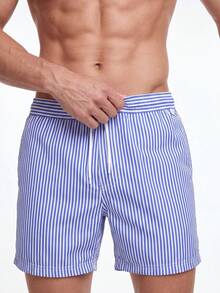 Manfinity KASUA Men Striped Print Drawstring Waist Swim Trunks - Blue and White - View 4
