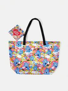 SHEIN X Care Bears 1件時尚輕便可折疊印花圖案托特包，購物袋，便攜式單肩包，卡片收納袋，適用於旅行和購物等 - 粉藍 - 查看 4