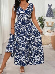 Reflora Plus Size Floral Print V-Neck Ruffle Hem Sleeveless Dress - Multicolor - View 1