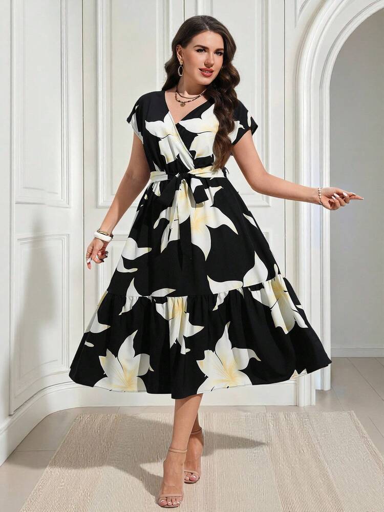 Plus Size Women V-Neck Floral Print Ruched Casual Party Dress,Summer Outfits For , Outfits,Vacation Holiday Dresses