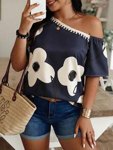 Weeklong Apricot Base Blue Floral Print Asymmetric Neck Short Sleeve Spring Summer Vacation Plus Size Blouse - Multicolor - View 6