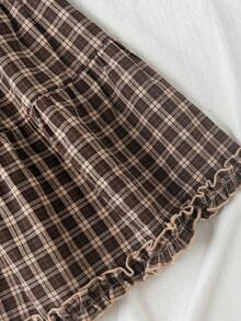 SHEIN Bộ 2 món áo camisole dệt jacquard vân nổi phối gấu bèo và chân váy skort dáng chữ A xếp tầng cho bé gái tuổi teen, trang phục thường ngày phong cách vintage đi chơi và du lịch mùa xuân hè - Màu Khaki - Xem 7